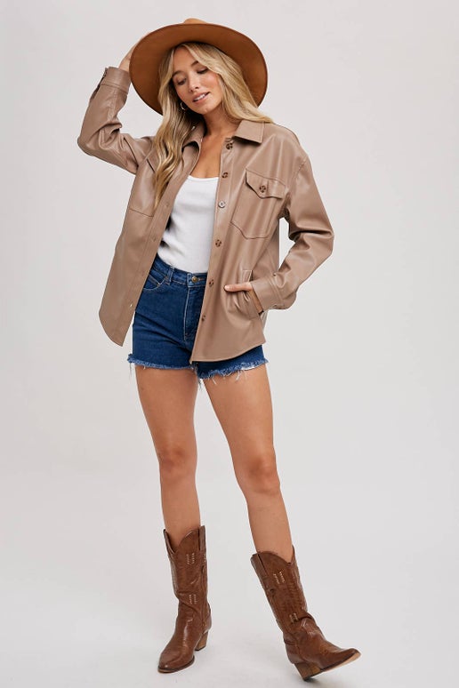 Luxe Vegan Leather Shacket | Taupe