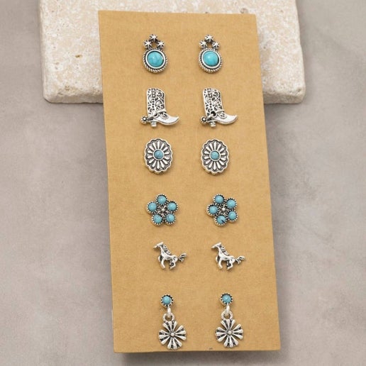 Western Stud Earring Set (6 Pairs)
