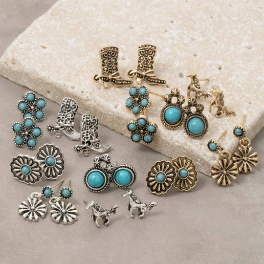 Western Stud Earring Set (6 Pairs)