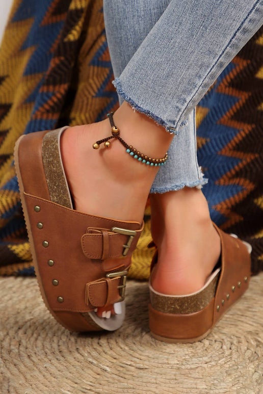 Dual Buckle Studded Platform Sandals
