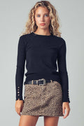 Luxe Button-Cuff Fitted Knit Top