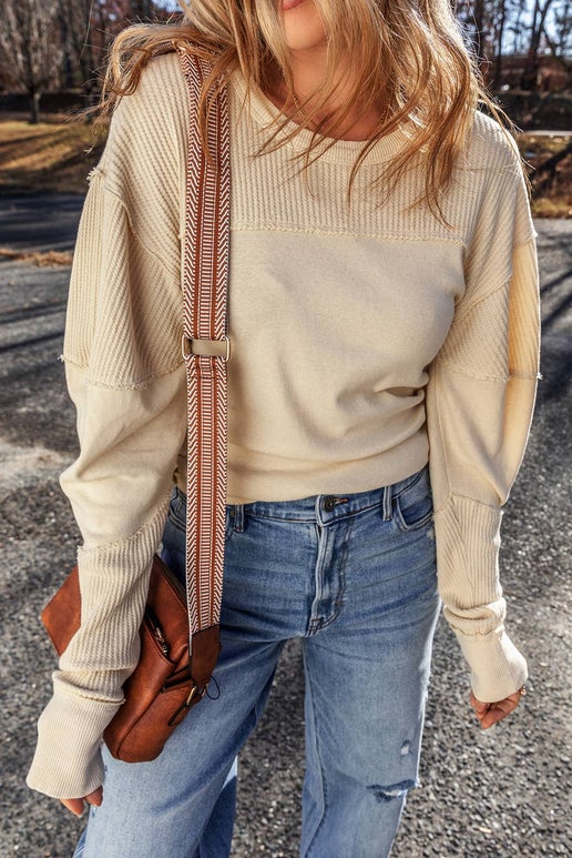 Ribbed Knit Patchwork | Crew Neck Top