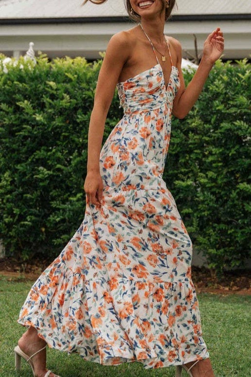 Sunset Bloom Backless Maxi Dress