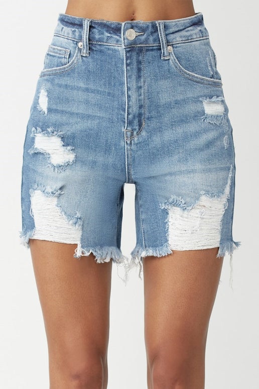 High Rise Distressed Shorts – Classic Fade