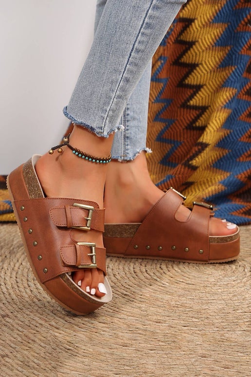 Dual Buckle Studded Platform Sandals