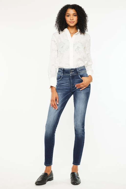 Double Button High Rise Skinny Jean - Dark Wash | KanCan