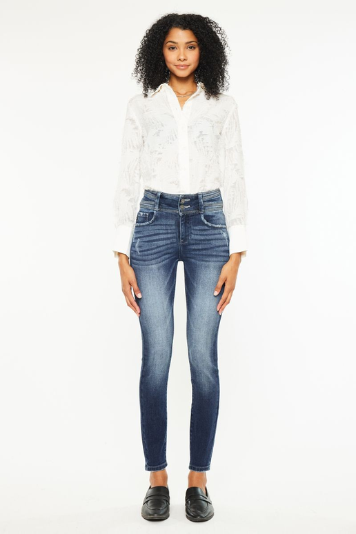 Double Button High Rise Skinny Jean - Dark Wash | KanCan