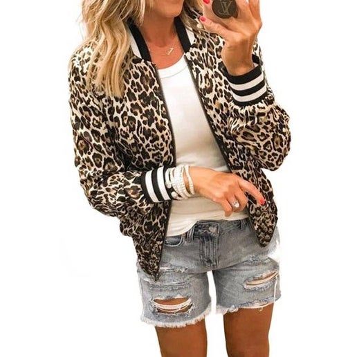 Leopard Print Long Sleeve Bomber Jacket
