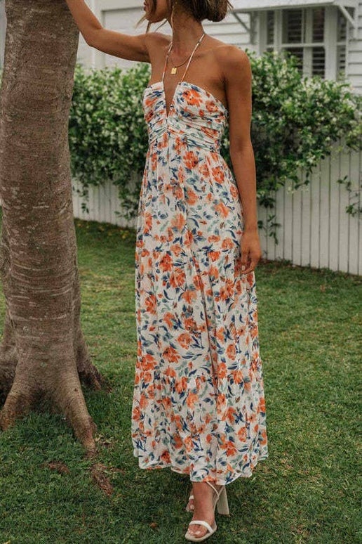 Sunset Bloom Backless Maxi Dress