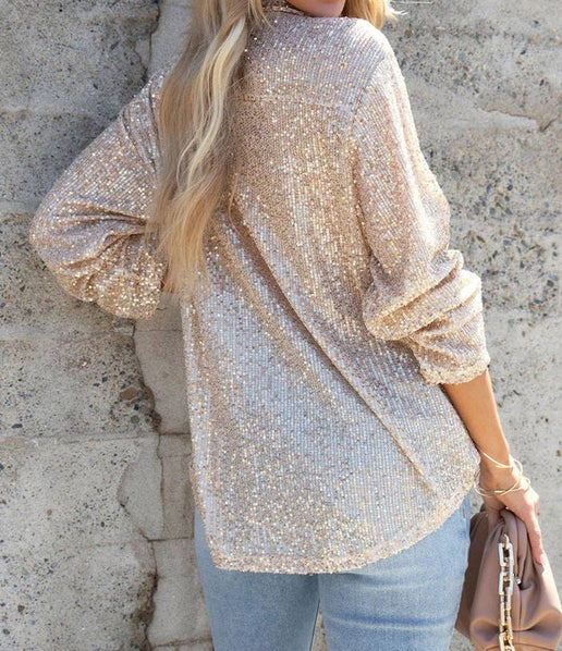Gold Sequin Collared Buttoned Shirt