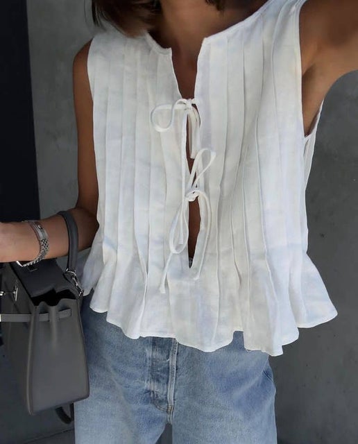Ivy Bow-Tie Linen Top | White