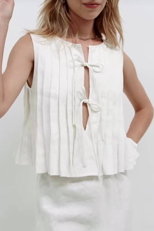 Ivy Bow-Tie Linen Top | White