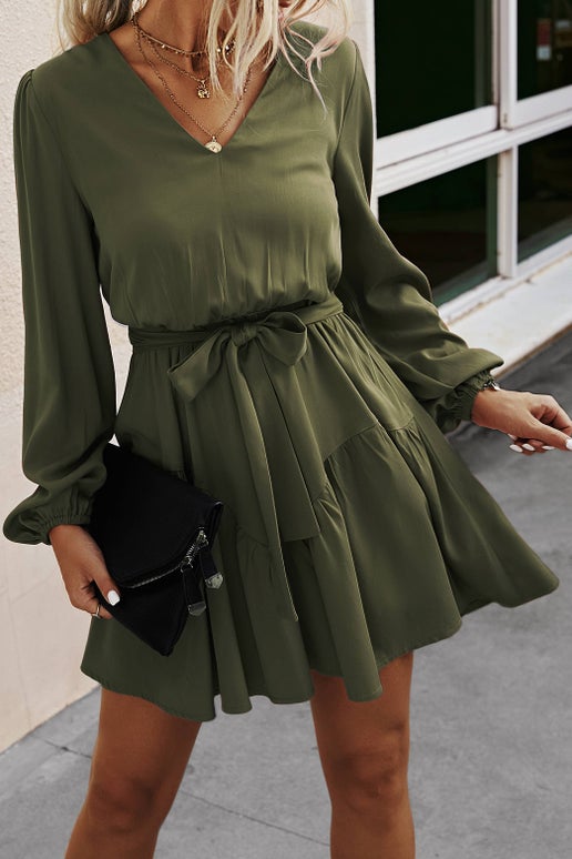 Long Sleeve Belted Dress | Olive