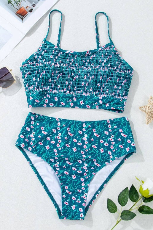 Teal Floral Smocked Bikini Set