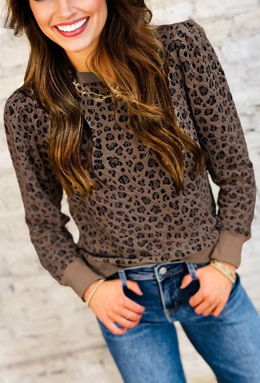 Dark Brown Leopard Print Ribbed Trim Long Sleeve Top