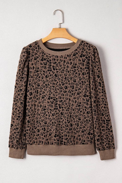Dark Brown Leopard Print Ribbed Trim Long Sleeve Top